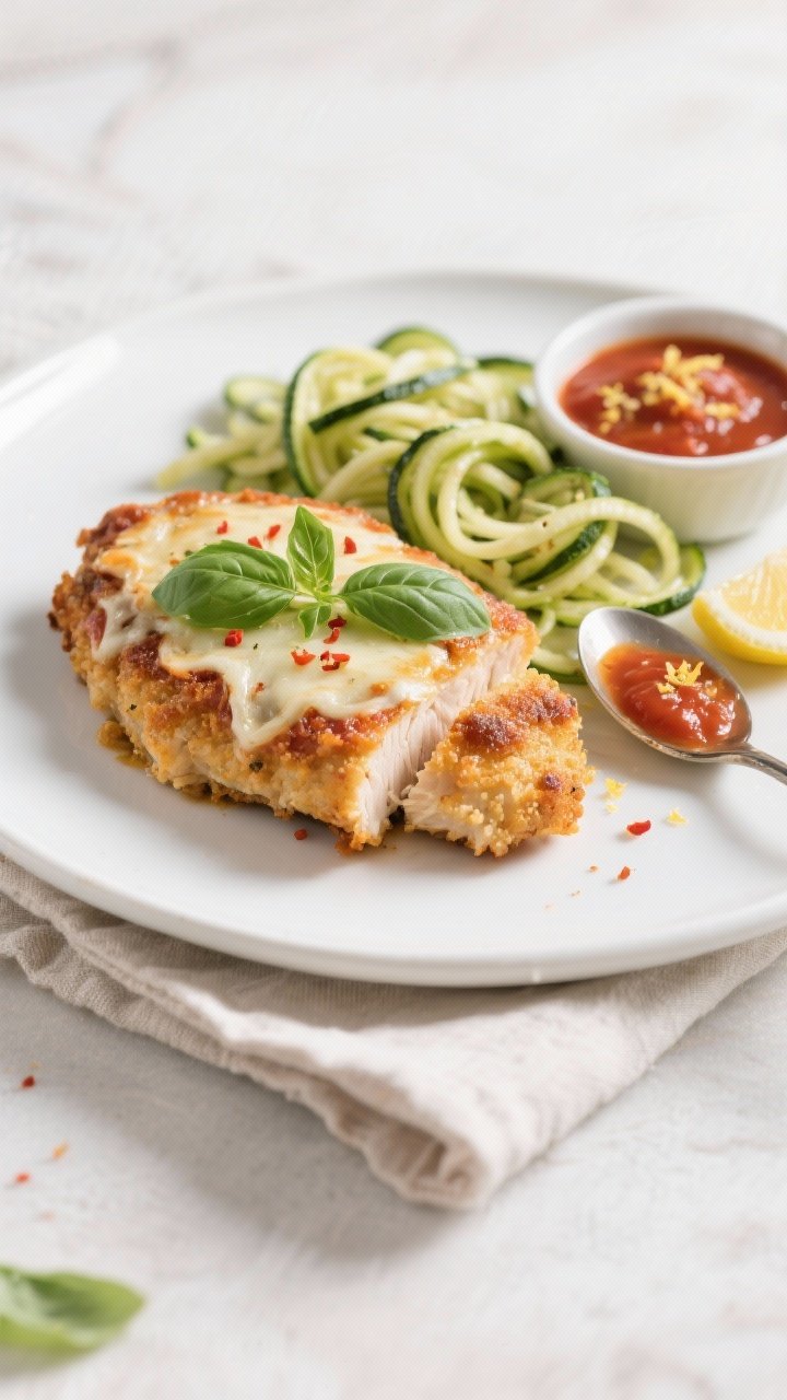 Final dish presentation: Beautifully plated Low-Carb Baked Chicken Parmesan on a white ceramic plate