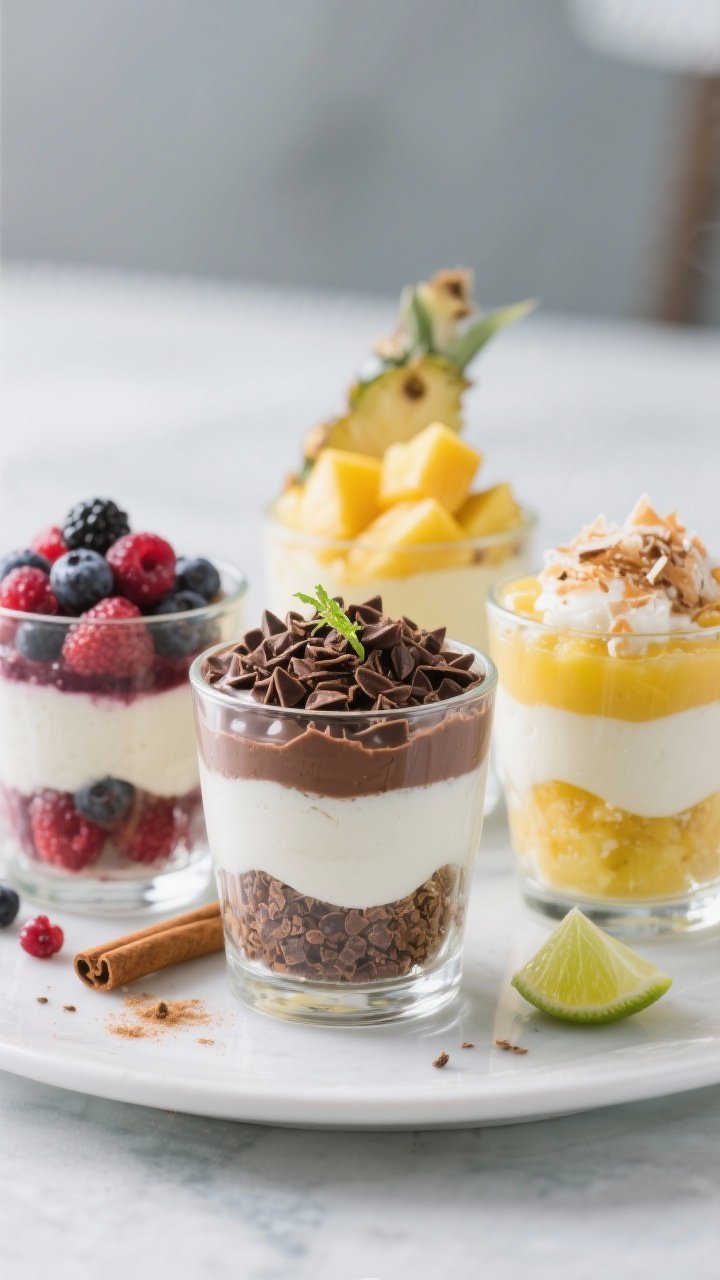 Final dish presentation: Beautifully plated parfait trio for variation ideas—classic berry version