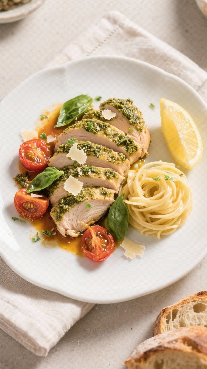 Final dish presentation: Beautifully plated Pesto Chicken with Roasted Tomatoes on a white ceramic p