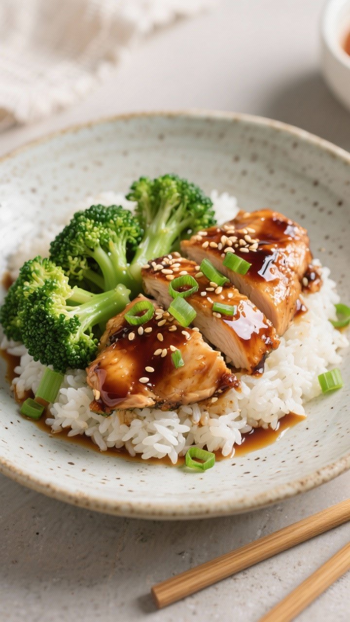 Final dish presentation: Beautifully plated teriyaki chicken with steamed broccoli over fluffy jasmi