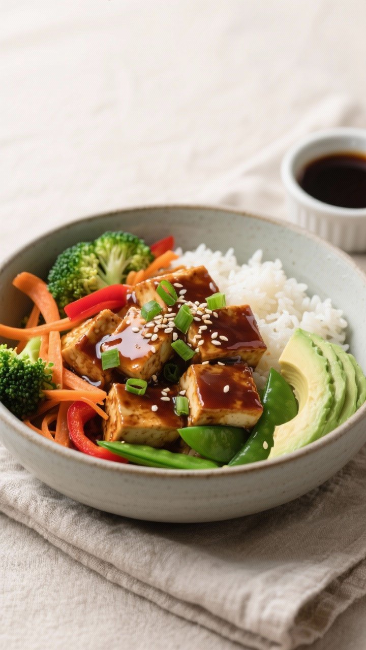 Final dish presentation: Beautifully plated Teriyaki Tofu Bowl with fluffy jasmine rice, a generous 