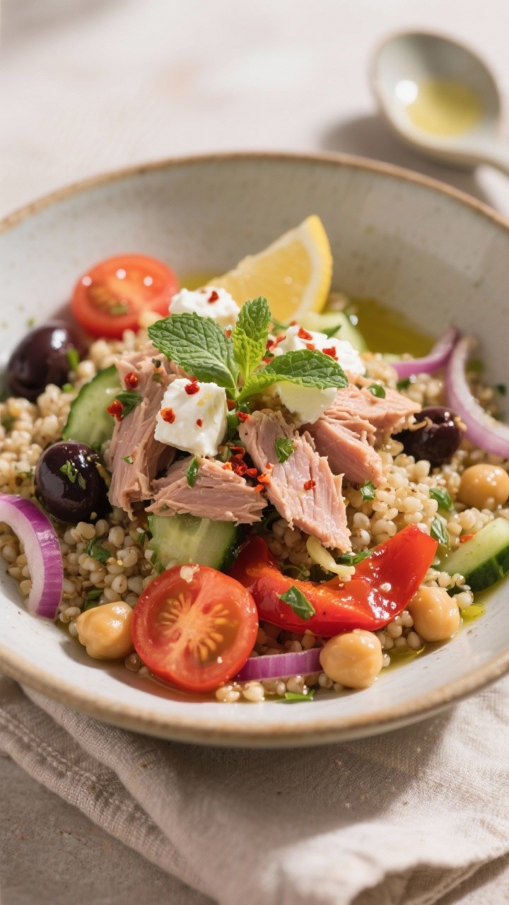 Final dish presentation: Bistro-style bowl of Mediterranean tuna salad served as a grain bowl over w