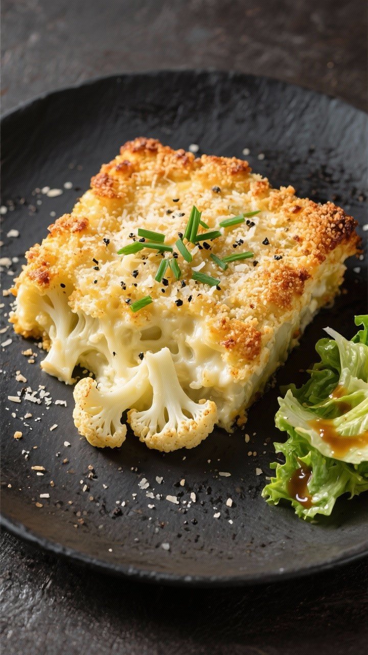 Final dish presentation: Elegant plated serving of cheesy cauliflower casserole with an extra-crispy