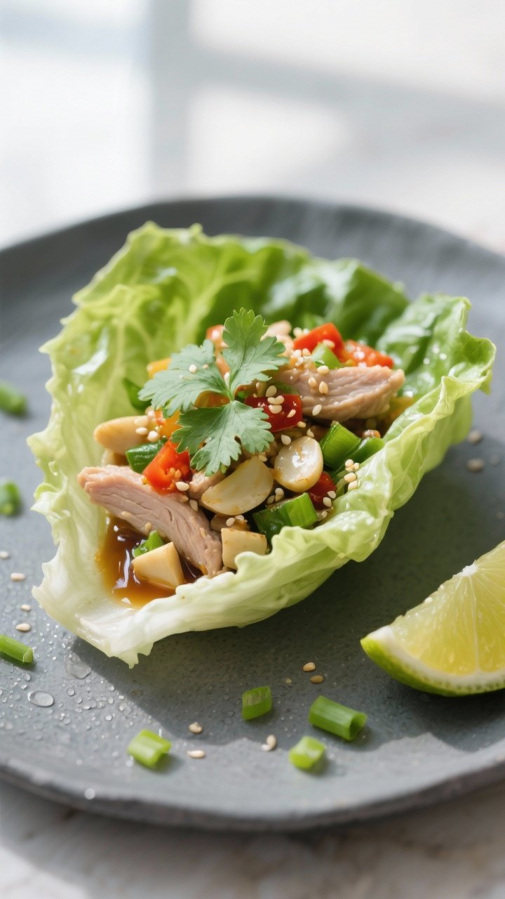 Final dish presentation: Restaurant-quality close-up of a single loaded lettuce wrap held on a slate