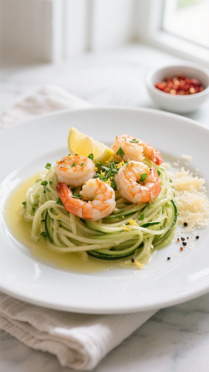 Final dish presentation: Restaurant-quality plate of Garlic Butter Shrimp Zoodles twirled into a nea