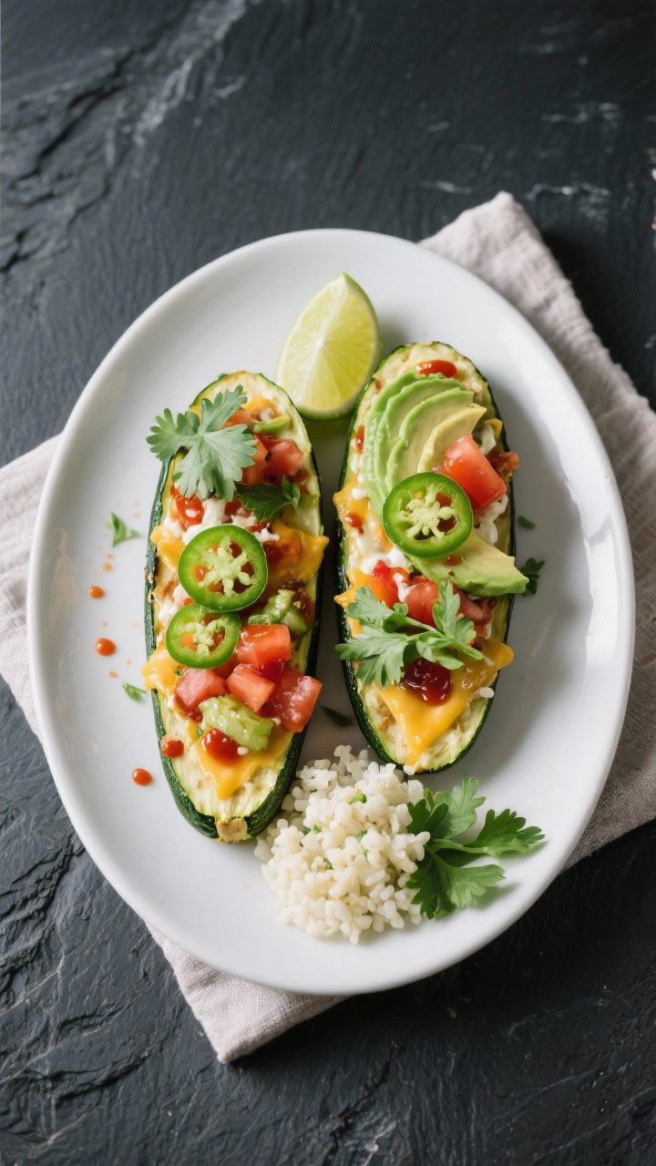 Final dish presentation: Restaurant-quality plate of two taco-stuffed zucchini boats garnished with 