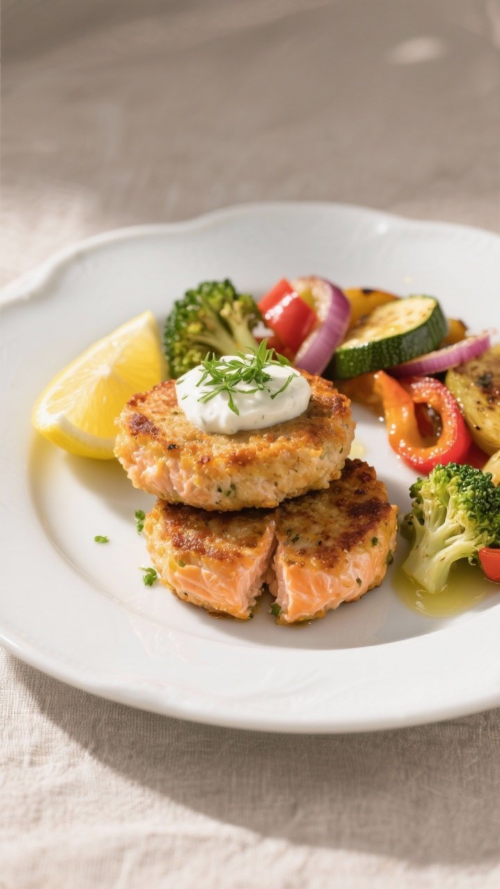 Final dish presentation: Restaurant-quality plate of salmon patties with roasted veggies, two pattie