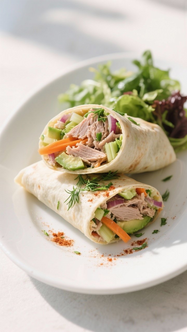 Final dish presentation: Restaurant-quality plate of two diagonally sliced tuna salad wraps stacked 