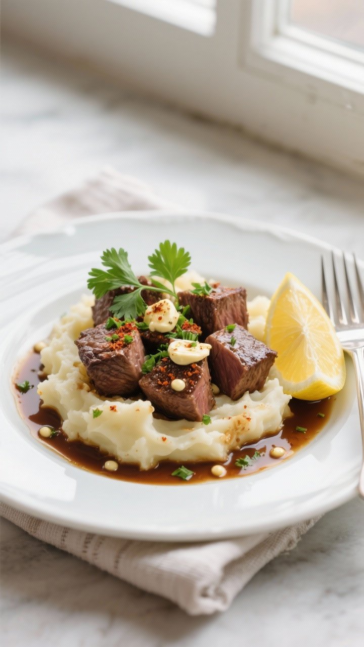 Final dish presentation: Restaurant-quality plate of garlic butter steak bites served over creamy ma