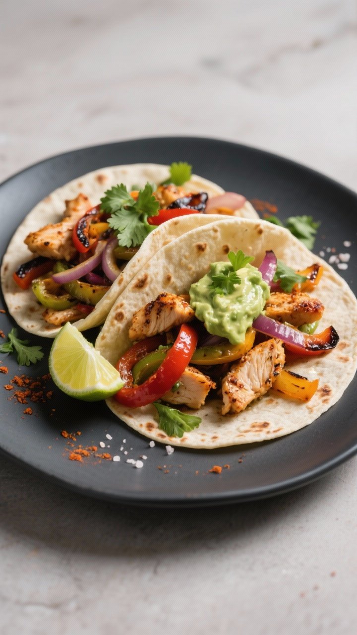 Final dish presentation: Restaurant-quality plated chicken fajitas assembled in soft tortillas, load