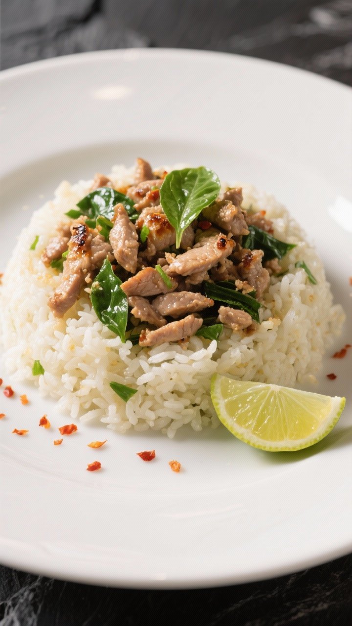 Final dish presentation: Restaurant-quality plated Thai basil ground turkey over cauliflower rice fo