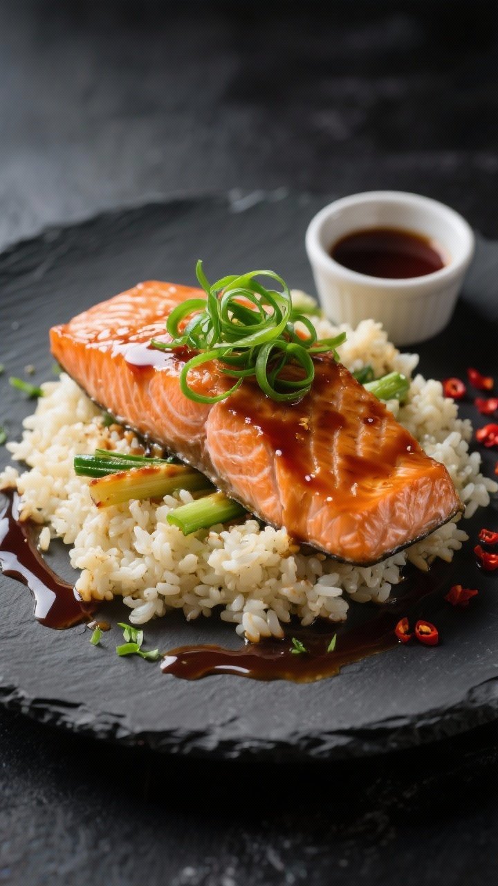 Final dish presentation: Restaurant-quality plated salmon over cauliflower rice on a dark slate plat