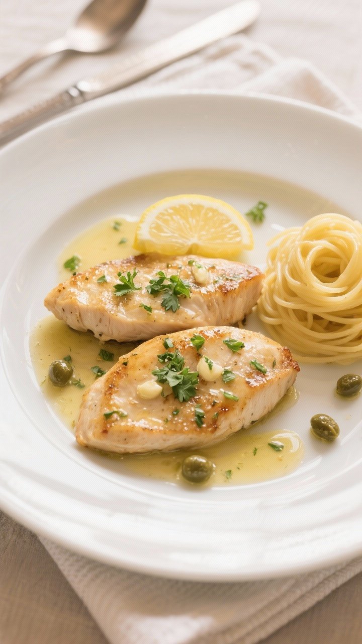 Final dish presentation: Restaurant-quality plated Chicken Piccata with Garlic Butter Sauce, two thi