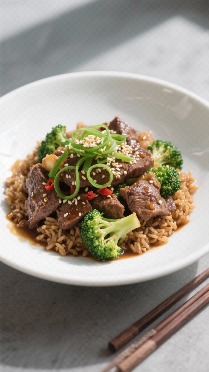 Final dish presentation: Restaurant-quality plated Beef and Broccoli bowl in a wide white ceramic di
