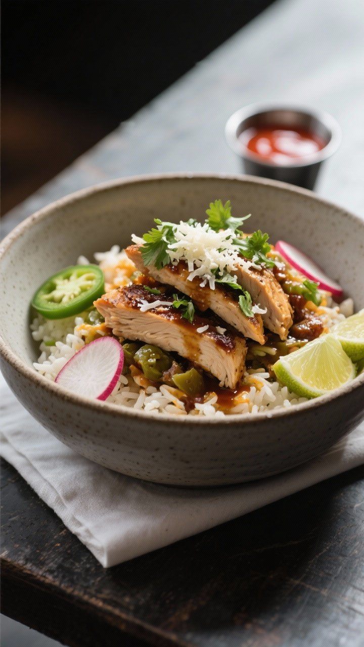 Final dish presentation: Restaurant-quality plated burrito bowl in a low, wide stoneware bowl—mood