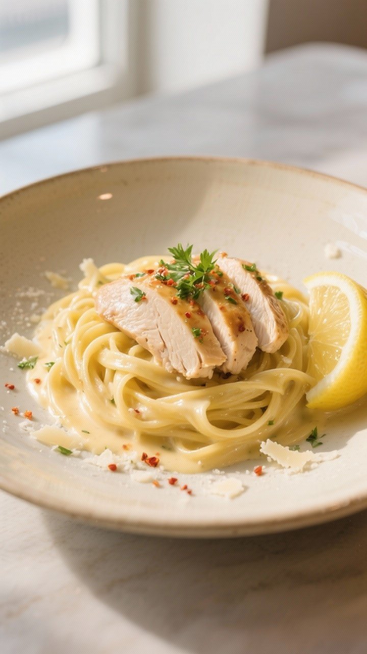 Final dish presentation: Restaurant-quality plated Chicken Alfredo, twirled fettuccine mound with ju