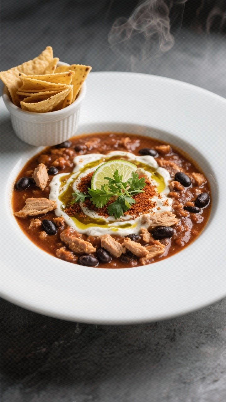 Final dish presentation: Restaurant-quality plating of turkey chili in a low, wide white bowl, the c