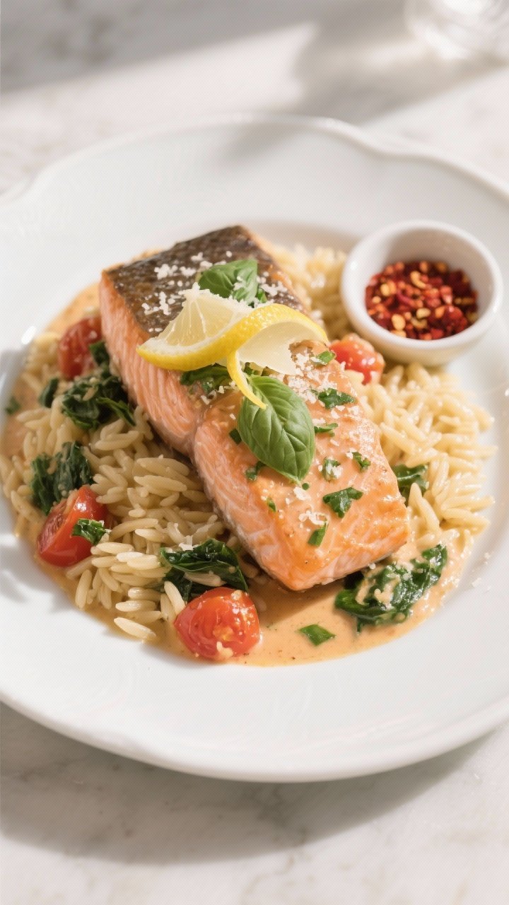 Final dish presentation: Restaurant-quality plating of Creamy Tuscan Salmon over buttered orzo (or p