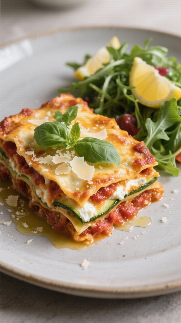 Final dish presentation: Restaurant-quality plating of a neatly rested zucchini lasagna slice on a m