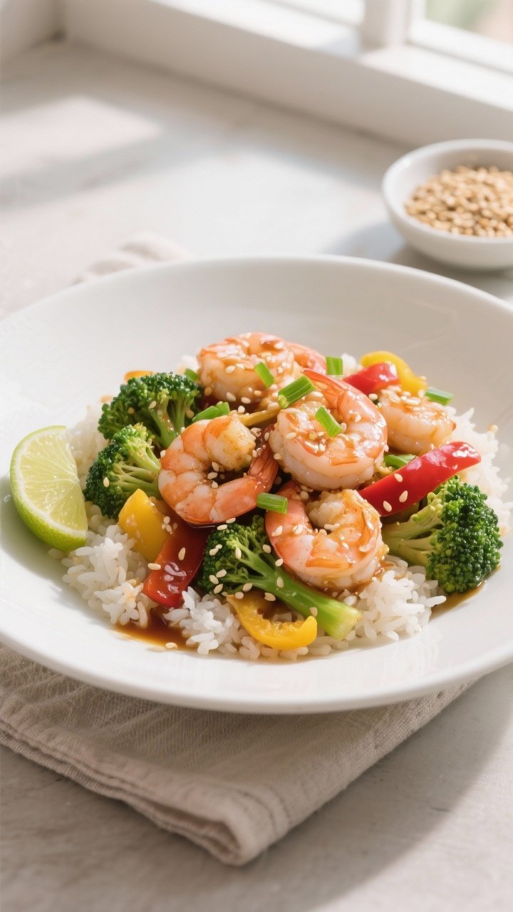 Final dish presentation: Restaurant-quality plating of honey garlic shrimp and veggies over fluffy s