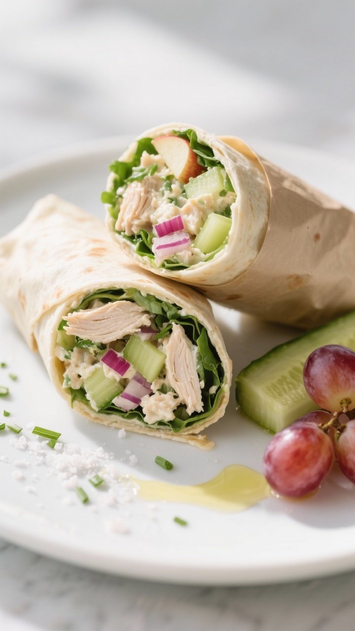 Final dish presentation: Two Greek Yogurt Chicken Salad Wraps sliced on the bias and stacked slightl