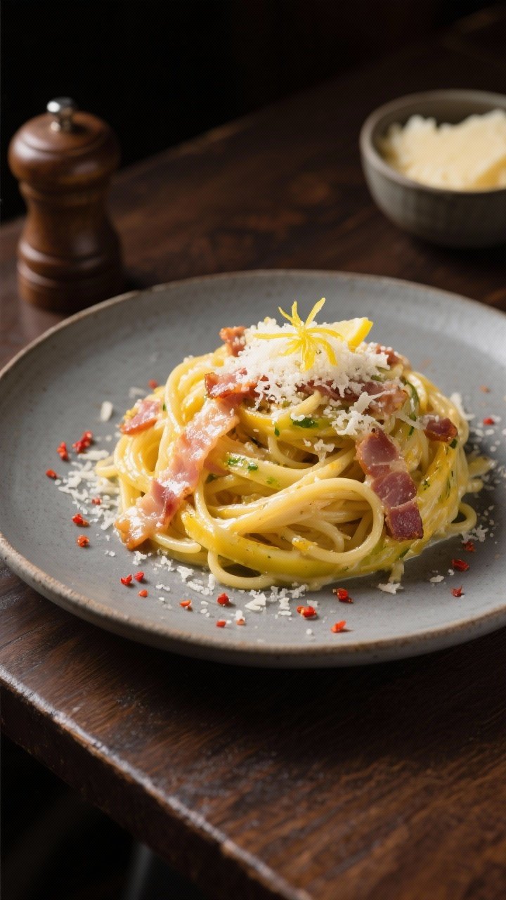 Final dish restaurant presentation: Elegant plate-up of spaghetti squash carbonara on a matte stonew