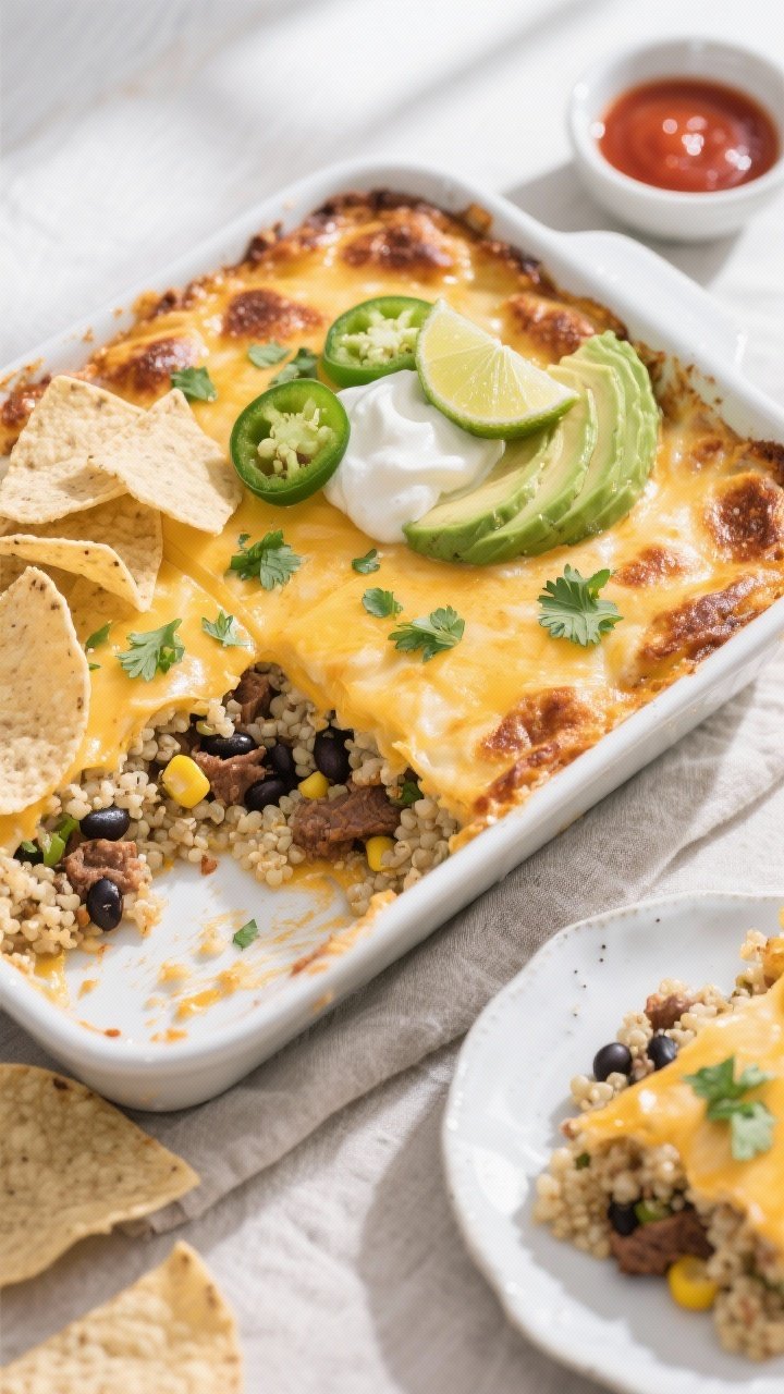 Final dish, tasty top view: Overhead shot of a freshly baked Quinoa Taco Bake in a 9x13 dish—chees