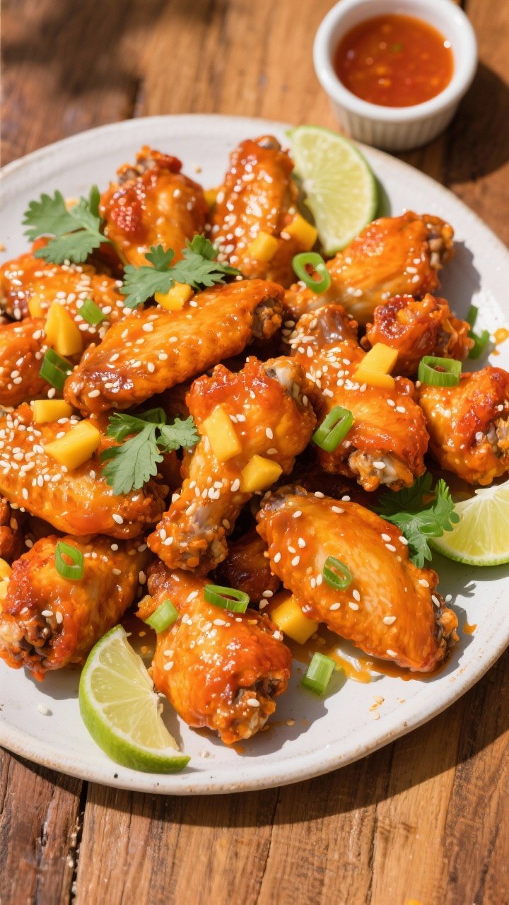 Final dish, tasty top view: Overhead shot of a platter piled with Mango Habanero Chicken Wings, even