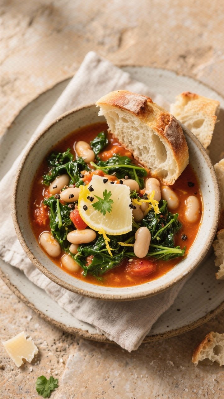 Final dish, tasty top view: Overhead shot of a rustic bowl filled with Tuscan white bean and kale st