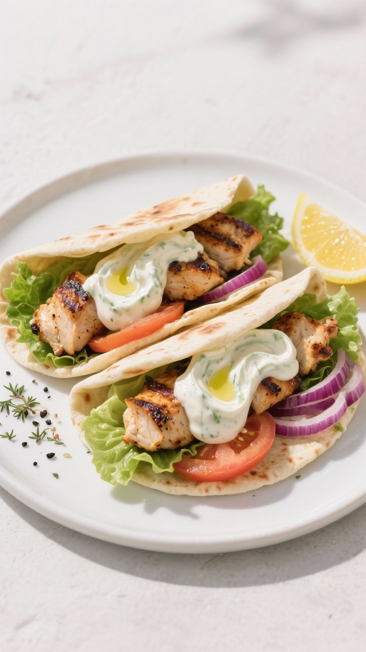 Final dish, tasty top view: Overhead shot of assembled chicken souvlaki pita wraps on a matte white 