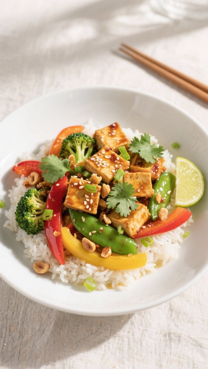 Final dish, tasty top view: Overhead shot of Chili Lime Tofu with Stir-Fried Veggies served over flu