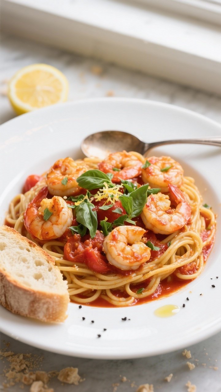 Final dish, tasty top view: Overhead shot of Garlic Tomato Shrimp Skillet spooned over al dente ling
