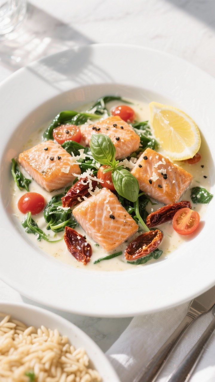 Final dish, tasty top view: Overhead shot of Lightened-Up Tuscan Salmon plated in a wide white shall