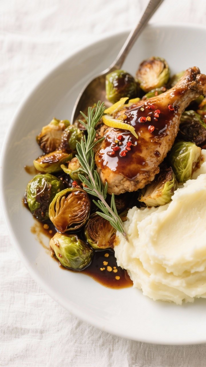 Final dish top view: Balsamic Glazed Chicken and Brussels Sprouts plated family-style in a wide, sha