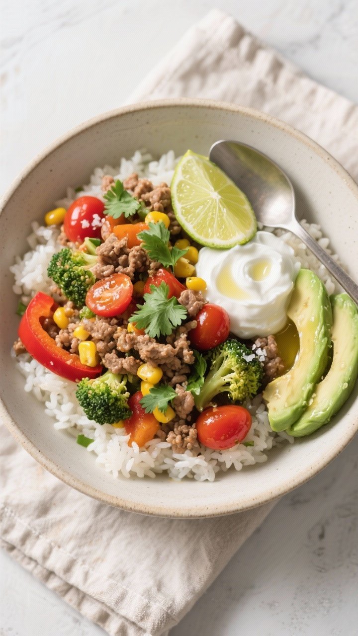 Final dish, top view: Beautifully plated Ground Turkey Veggie Skillet bowl over fluffy white rice, o