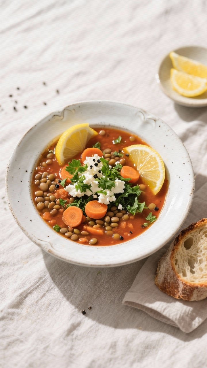 Final dish, top view: Overhead shot of a beautifully plated bowl of Easy Mediterranean Lentil Soup, 