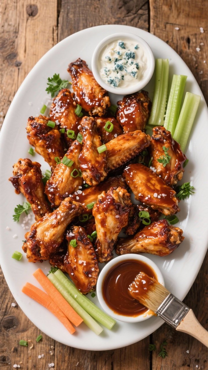 Final dish top view: Overhead shot of a generous platter of finished Smoky BBQ Chicken Wings, glazed