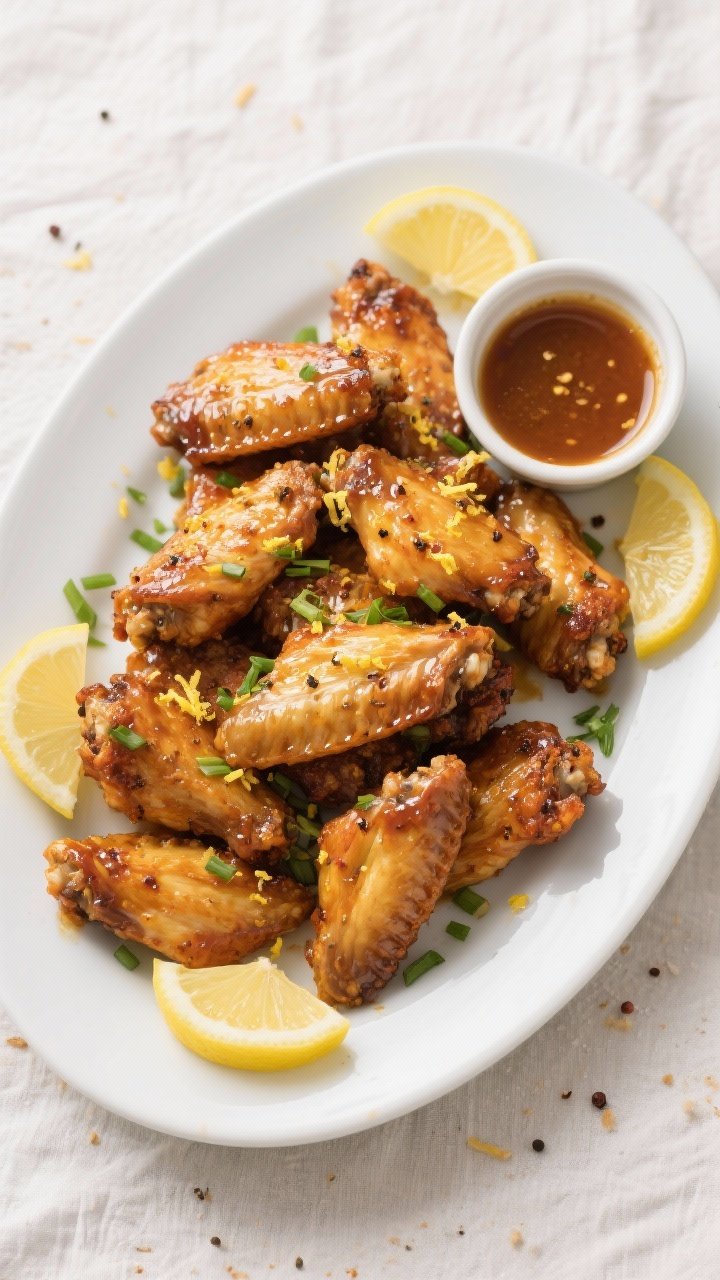 Final dish top view: Overhead shot of a platter piled high with lemon pepper chicken wings, each win