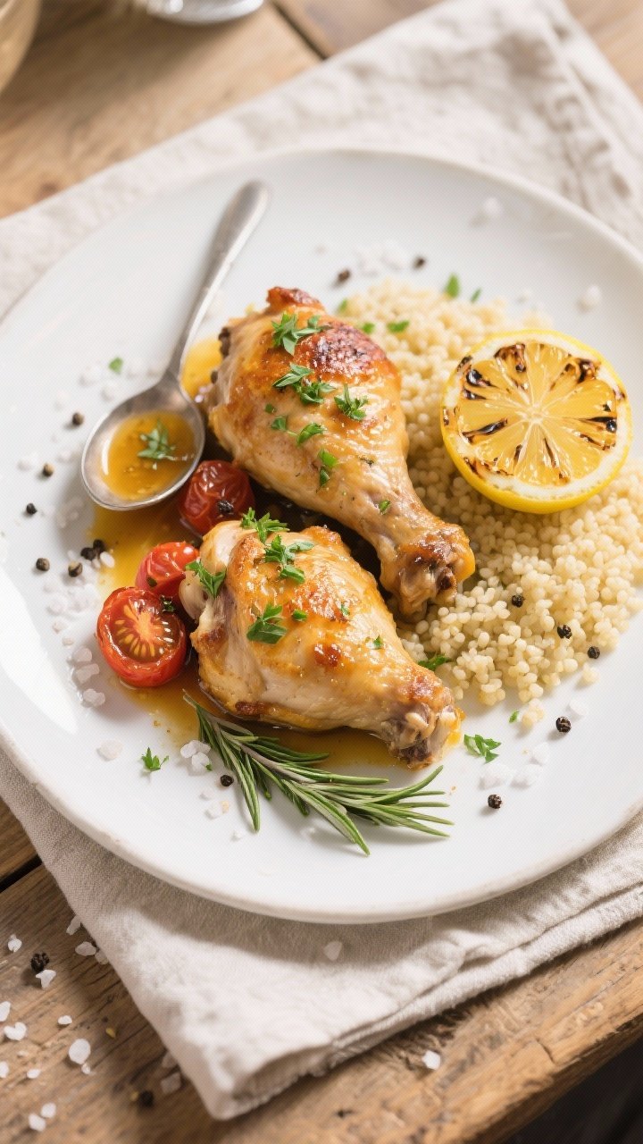 Final dish, top view: Overhead shot of beautifully plated Mediterranean rosemary garlic chicken thig