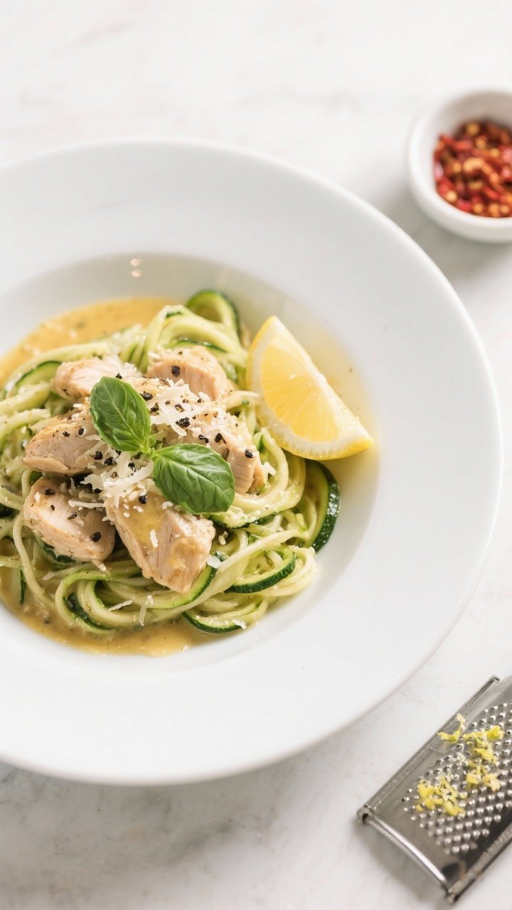 Final dish top view: Overhead shot of Garlic Butter Chicken with Zucchini Noodles beautifully plated