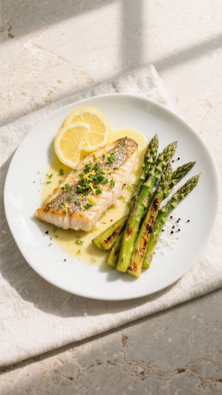 Final dish, top view: Overhead shot of lemon garlic tilapia plated with roasted asparagus on a matte