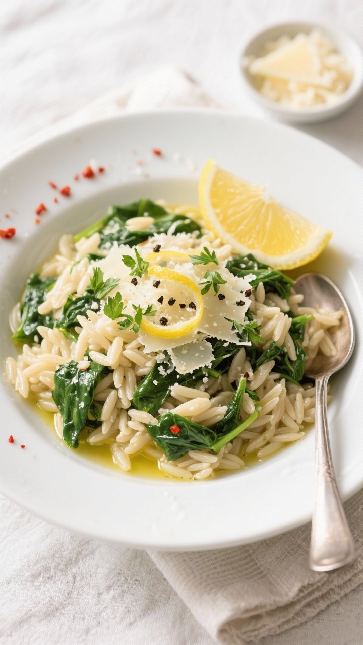 Final dish, top view: Overhead shot of Lemon Garlic Orzo with Spinach plated in a wide, shallow whit