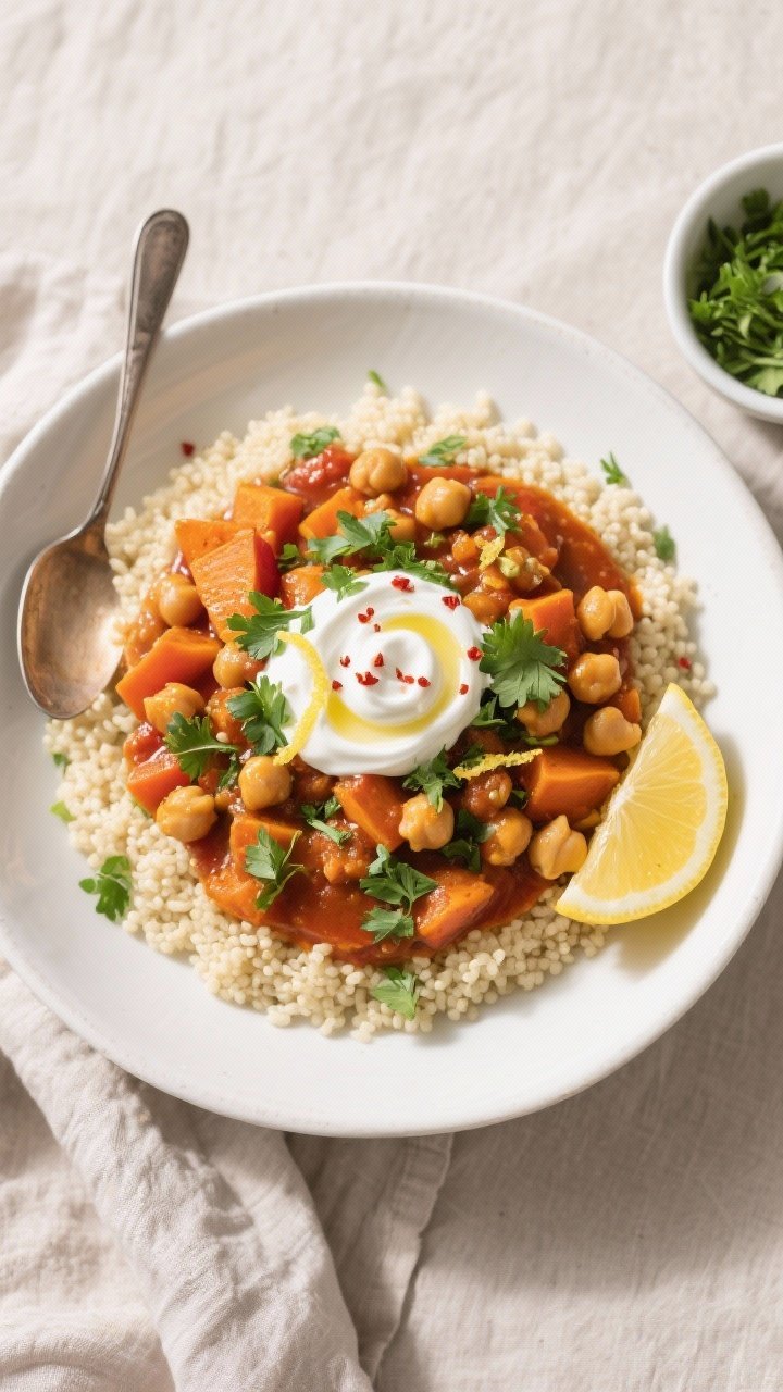 Final dish, top view: Overhead shot of Moroccan-style chickpea stew plated in a wide white bowl over