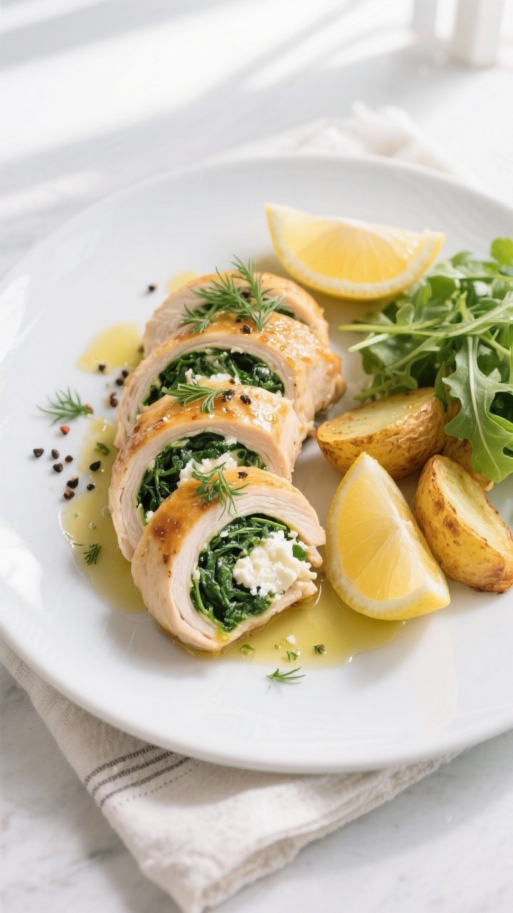 Final dish, top view: Overhead shot of sliced spinach and feta stuffed chicken breast arranged on a 
