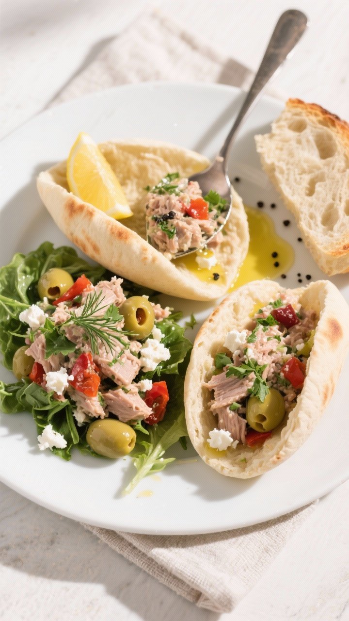 Final dish, top view: Overhead shot of the finished Mediterranean tuna salad spooned into warm pita 