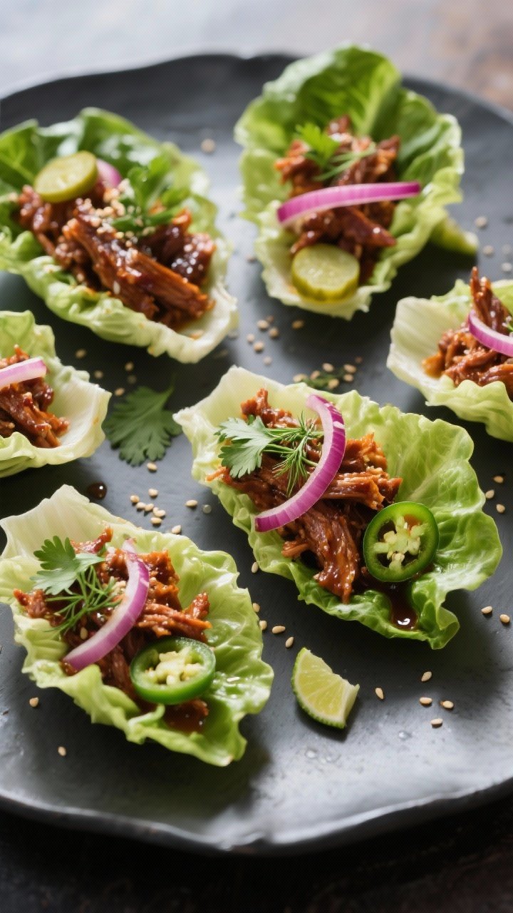 Final plated beauty shot: Keto BBQ pulled pork lettuce wraps arranged on a matte charcoal platter, b