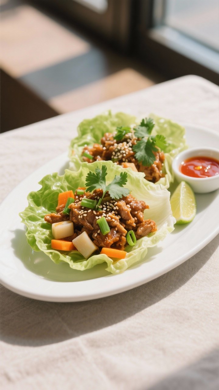 Final plated beauty shot: Turkey lettuce wraps assembled in sturdy butter lettuce cups on a matte wh
