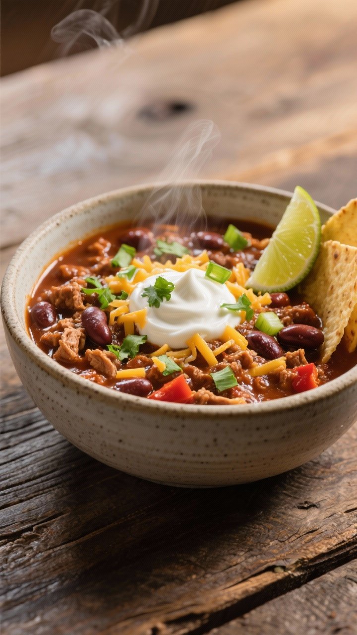 Final plated bowl beauty shot: A single restaurant-quality turkey chili bowl presented for serving, 