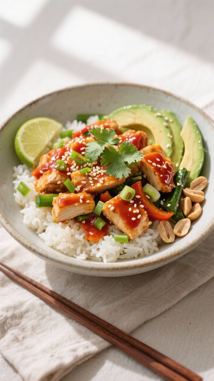 Final plated bowl beauty shot: Sriracha Chicken and Veggie Bowl arranged over fluffy jasmine rice in