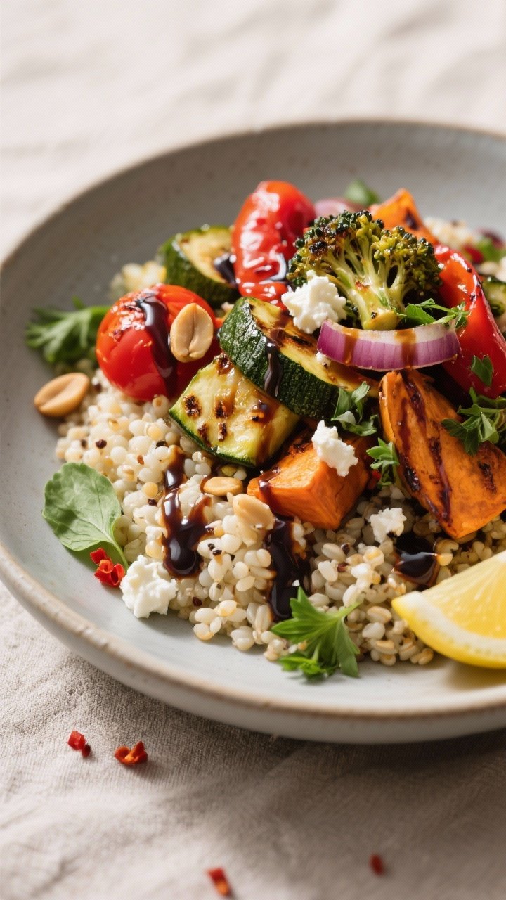 Final plated bowl, close-up detail: Tight, three-quarter angle of a Balsamic Roasted Vegetable Quino
